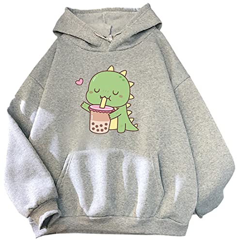 YINGKE Damen Teenager Kawaii Soft Hoodie Niedliche Dinosaurier Anime Print Lange Ärmel Herbst Winter Sweatshirt Mädchen Sweatshirt(L,GrauMilktea) von YINGKE