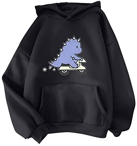 YINGKE Damen Teenager Kawaii Soft Hoodie Niedliche Dinosaurier Anime Print Lange Ärmel Herbst Winter Sweatshirt Mädchen Sweatshirt(L,SchwarzBike) von YINGKE