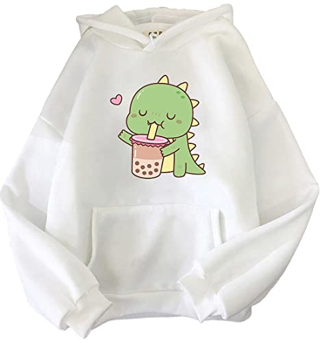 YINGKE Damen Teenager Kawaii Soft Hoodie Niedliche Dinosaurier Anime Print Lange Ärmel Herbst Winter Sweatshirt Mädchen Sweatshirt(L,WeißMilktea) von YINGKE