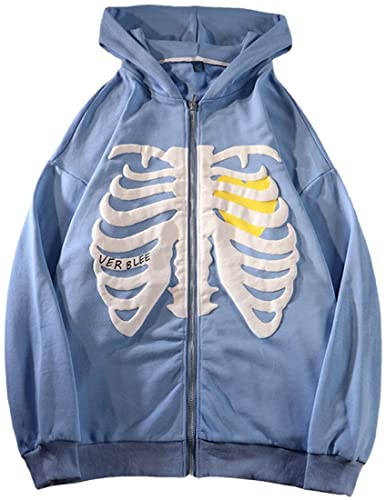YINGKE Damen Zip Skeleton Print Hoodie Sweatshirt Langarm Y2K E-Girl Pullover Freizeitjacken Gothic Harajuku Streetwear Hoodie(2XL,Blau) von YINGKE