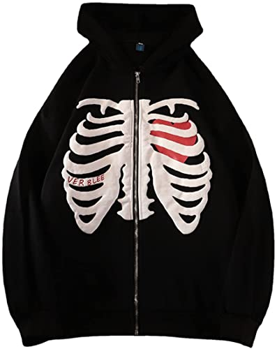 YINGKE Damen Zip Skeleton Print Hoodie Sweatshirt Langarm Y2K E-Girl Pullover Freizeitjacken Gothic Harajuku Streetwear Hoodie(XL,Schwarz) von YINGKE