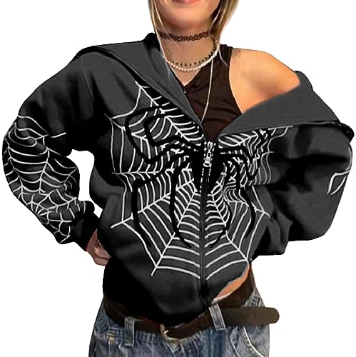YINGKE Damen Zip Up Oversized Hoodie Große Spinnennetz Print Muster Y2K Hoodie Gothic Punk Jacke Sweatshirt(2XL,Schwarz) von YINGKE