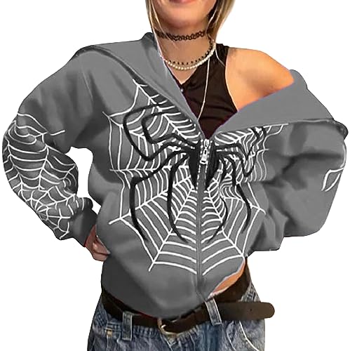 YINGKE Damen Zip Up Oversized Hoodie Große Spinnennetz Print Muster Y2K Hoodie Gothic Punk Jacke Sweatshirt(XL,Grau) von YINGKE