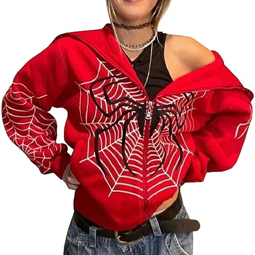 YINGKE Damen Zip Up Oversized Hoodie Große Spinnennetz Print Muster Y2K Hoodie Gothic Punk Jacke Sweatshirt(XL,Rot) von YINGKE