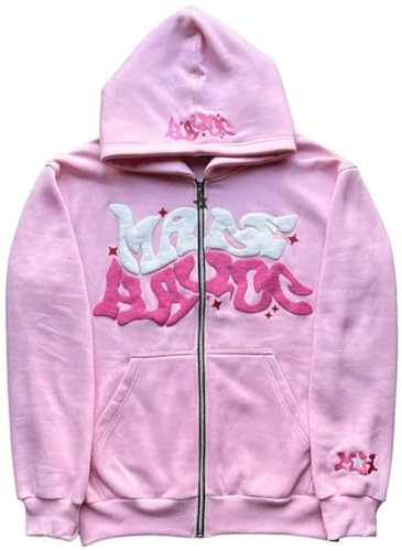 YINGKE Damen Zip Up Y2K Hoodie Gothic Punk Hoodie Jacke mit Taschen Vintage Streetwear Fashion Hoodie(3XL,Rosa) von YINGKE