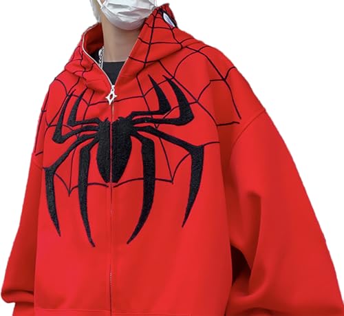 YINGKE Herren Spider Print Full Zip Up Hoodie Vintage Kapuzenjacke Y2K Unisex Oversized Streetwear Sweatshirt (L, Rot) von YINGKE