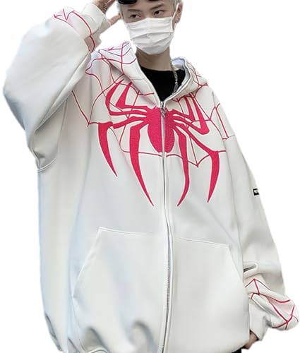 YINGKE Herren Spider Print Full Zip Up Hoodie Vintage Kapuzenjacke Y2K Unisex Oversized Streetwear Sweatshirt (2XL, Weiß) von YINGKE