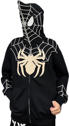 YINGKE Herren Spider Print Full Zip Up Hoodie Vintage Kapuzenjacke Y2K Unisex Oversized Streetwear Sweatshirt (L, SchwarzWeiß) von YINGKE