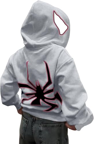 YINGKE Herren Spinnen Print Kapuzenpullover Y2K Punk Dunkle Gotisch Halloween Jacke mit Reißverschluss Unisex Streetwear Kapuzenpullover(2XL,Grau) von YINGKE