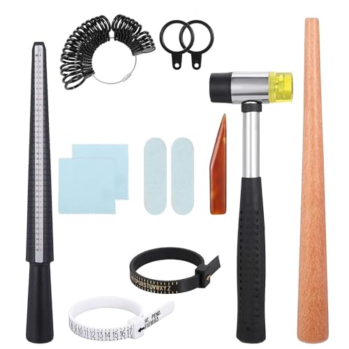 11-Teiliges Ringgrößenmesser Ringmaß-Messwerkzeug Set Ringdorn Sizer mit Gummihammer für Schmuck Messen Metall Frauen Männer von YINGLUOEU