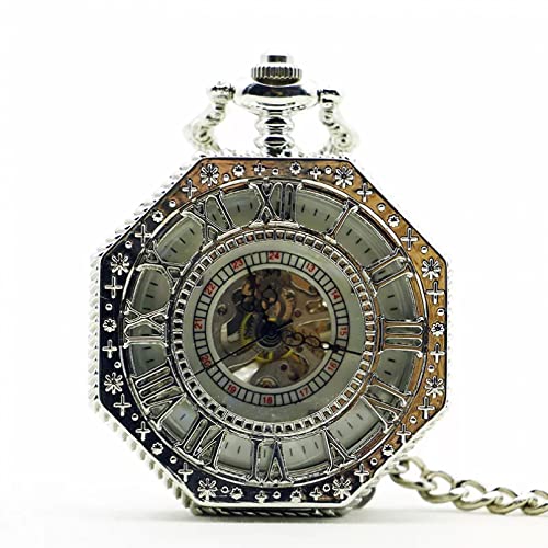 Herren- und Damenaccessoires Einzigartige Herren Damen Mechanische Taschenuhr Silber Edelstahlgehäuse Glas Skeleton Zifferblatt Vornehm Trendy Hochzeitstag Vatertag Weihnachten Geburtstagsgeschenk von YINGMUZI