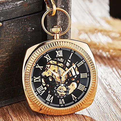 Herren- und Damenaccessoires Gold Schwarz Mechanische Taschenuhr Männer Frauen Uhr Luxus Quadratisches Zifferblatt Skeleton FOB Kettenuhren Hochzeitstag Vatertag Weihnachten Geburtstagsgeschenk von YINGMUZI