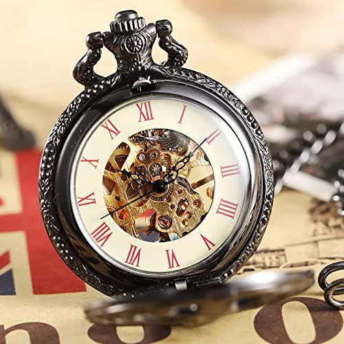 Herren- und Damenaccessoires Vintage Steampunk mechanische Taschenuhr Black Spine Ribs Stil Männer Hohl Skeleton Uhr Römische Taschenuhr mit Hochzeitstag Vatertag Weihnachten Geburtstagsgeschenk von YINGMUZI