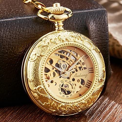 Retro Vintage Goldene Geschnitzte Exquisite Zifferblatt Mechanische Handaufzug Taschenuhr Mit FOB Kette Luxus Herrenuhr Mechanische Uhren Hochzeitstag Vatertag Weihnachten Geburtstagsgeschenk von YINGMUZI