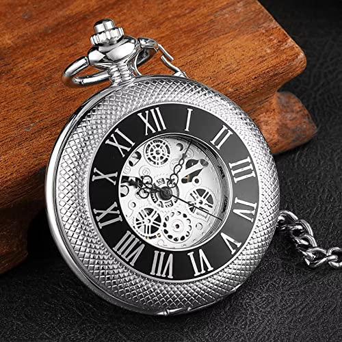 Silber Taschenuhr Herren Einzigartige Römische Zahl Skulptur Zifferblatt Mode Herren Mechanische Uhren Mit FOB Kette Männer Frauen Geschenk Hochzeitstag Vatertag Weihnachten Geburtstagsgeschenk von YINGMUZI