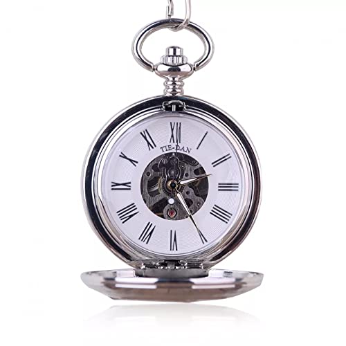 YINGMUZI 5pcs Mode Silber Anhänger Zug Mechanische Taschenuhr Doppelt Offen Mit Metallkette Steampunk Uhr Römische Zahl Unisex Hochzeitstag Vatertag Weihnachten Geburtstagsgeschenk von YINGMUZI