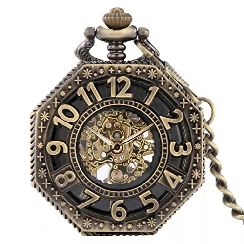 YINGMUZI Achteckige Form Taschenuhr Handaufzug Mechanische Taschenuhr Hohle Arabische Ziffern Halber Jäger Vintage Chunky Chain Anhänger Hochzeitstag Vatertag Weihnachten Geburtstagsgeschenk von YINGMUZI