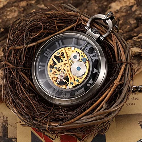 YINGMUZI Einzigartige Bronze Hohlskelett Steampunk Craced Mechanische Taschenuhr Männer FOB Taille Kette Retro Römisches Zifferblatt Männliche Uhr Männer Geschenk von YINGMUZI