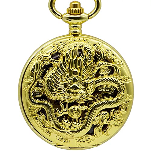 YINGMUZI Full Gold Vintage Damen Mechanische Taschenuhr mit Anhängerkette Drachen Handaufzug Anhänger Uhr Herren Anhänger Unisex Uhren Hochzeitstag Vatertag Weihnachten Geburtstagsgeschenk von YINGMUZI