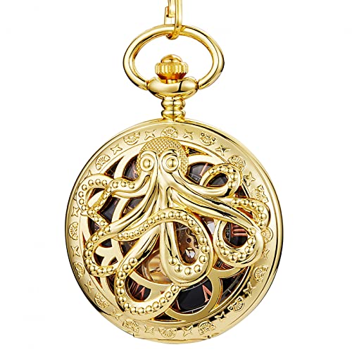 YINGMUZI Gold Bronze Mechanische Taschenuhr Hollow Octopus Handaufzug Mechanische Uhrenanhänger Kette Einzigartige Skelett-Steampunk-Uhr Hochzeitstag Vatertag Weihnachten Geburtstagsgeschenk von YINGMUZI