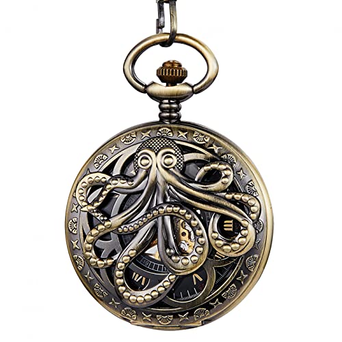 YINGMUZI Gold Bronze Mechanische Taschenuhr Hollow Octopus Handaufzug Mechanische Uhrenanhänger Kette Einzigartige Skelett-Steampunk-Uhr Hochzeitstag Vatertag Weihnachten Geburtstagsgeschenk von YINGMUZI