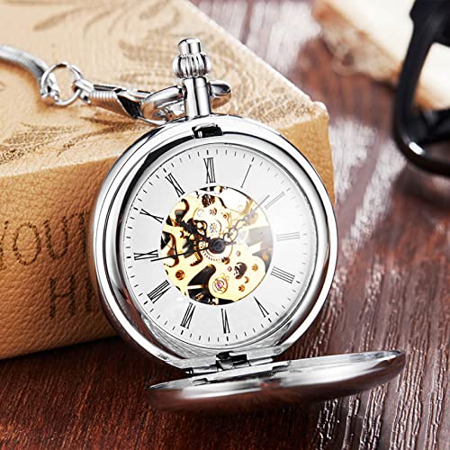 YINGMUZI Gold Mechanische Taschenuhr Männer Frauen Uhr Skeleton Gear Dial Flip Goldene Farbe Doppelgehäuse Kupfer FOB Kettenuhren Hochzeitstag Vatertag Weihnachten Geburtstagsgeschenk von YINGMUZI