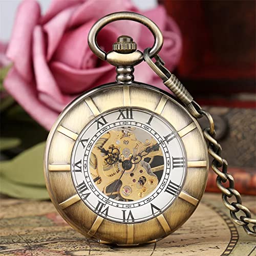 YINGMUZI Herren Mechanische Taschenuhr Clear Crystal Full Hunter Hand Armband mit römischen Ziffern Display Vintage Bronze Kette Hochzeitstag Vatertag Weihnachten Geburtstagsgeschenk von YINGMUZI