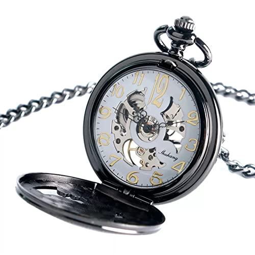 YINGMUZI Herren- und Damenaccessoires Männer Frauen Stilluhren Schwarzer Anhänger Flying Eagle Hawk Skeleton Mechanische Taschenuhr mit Kette Hochzeitstag Vatertag Weihnachten Geburtstagsgeschenk von YINGMUZI