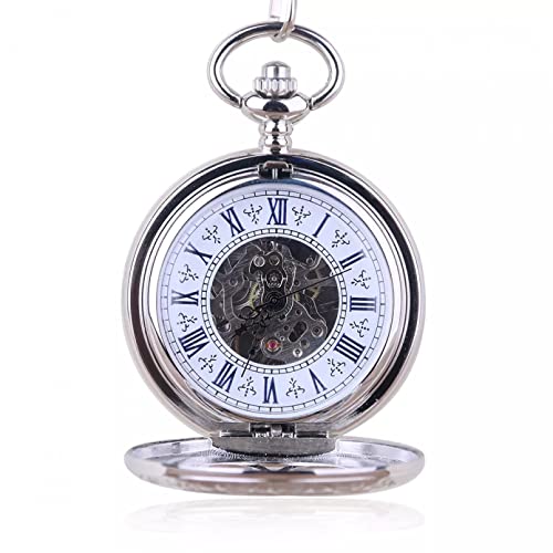 YINGMUZI Herren- und Damenaccessoires Mode Silber Anhänger Mechanische Taschenuhr Double Open Mit Metallkette Steampunk Uhr Römische Zahl Unisex Hochzeitstag Vatertag Weihnachten Geburtstagsgeschenk von YINGMUZI