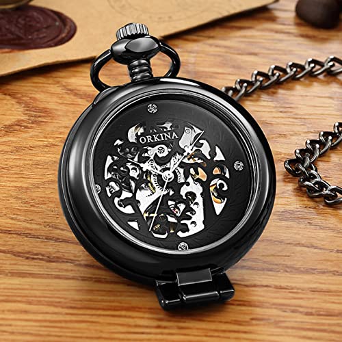 YINGMUZI Herren- und Damenaccessoires Retro Tischständer Mechanische Taschenuhr Hohl Handaufzug Schwarz Herren Damenuhren mit Anhängerkette Uhr Hochzeitstag Vatertag Weihnachten Geburtstagsgeschenk von YINGMUZI