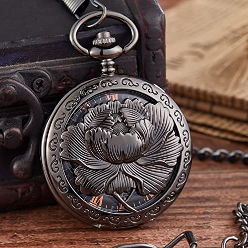 YINGMUZI Hohle Blume Graviert Mechanische Taschenuhr Elegante Flip Case Anhänger Kette Uhr Handaufzug Vintage Uhren für Männer Frauen Geschenke Hochzeitstag Vatertag Weihnachten Geburtstagsgeschenk von YINGMUZI