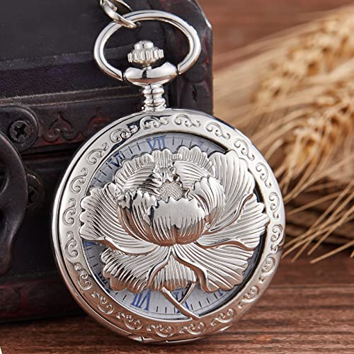 YINGMUZI Mechanische Taschenuhr Elegante Hohle Blume Graviert Flip Case Anhänger Kette Uhr Handaufzug Vintage Uhren für Männer Frauen Geschenke Hochzeitstag Vatertag Weihnachten Geburtstagsgeschenk von YINGMUZI