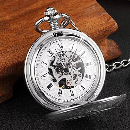 YINGMUZI Silberne mechanische Herrenuhr Doppelgesicht römisches Zifferblatt Mann Uhr Handaufzug Mechanische Taschenuhr mit FOB-Kette Hochzeitstag Vatertag Weihnachten Geburtstagsgeschenk von YINGMUZI