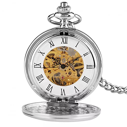 YINGMUZI Silbernes glattes Gehäuse Vintage römische Zahl Handaufzug mechanische Taschenuhr Double Open Hunter Gehäuse Schlüsselanhänger Uhren Männer Frauen Geschenk von YINGMUZI