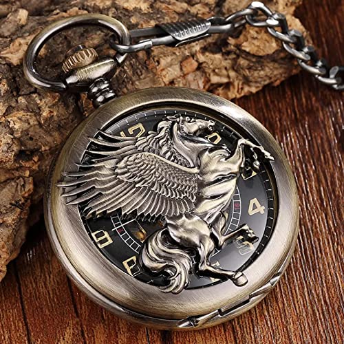 YINGMUZI Vintage Einzigartige Bronze Pferd Mechanische Taschenuhr Männer FOB Kette Hohles Pferd mit Flügel Pegasus Design Steampunk Taschenuhren Hochzeitstag Vatertag Weihnachten Geburtstagsgeschenk von YINGMUZI