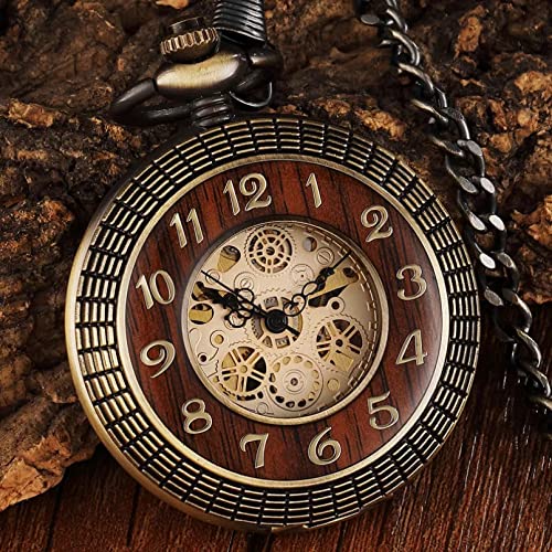 YINGMUZI Vintage Holz Kreis geschnitzte Nummer Zifferblatt Mechanische Taschenuhr Männer Einzigartige Hohl Steampunk Bronze Uhr Uhren Kette Hochzeitstag Vatertag Weihnachten Geburtstagsgeschenk von YINGMUZI