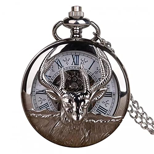 YINGMUZI Vintage Silber Hirsch Mechanische Taschenuhr Männer Steampunk Hohle Skelettuhr Halskette Männliche Taschenuhr Geschenk Hochzeitstag Vatertag Weihnachten Geburtstagsgeschenk von YINGMUZI