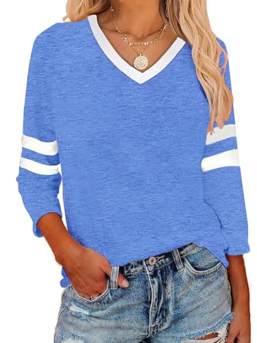 3/4 Arm Shirt Damen Langarmshirt Bluse Damen Tshirt V Ausschnitt Gestreiftes Oberteile Herbst Frühling Basic Shirt von YINGWIN
