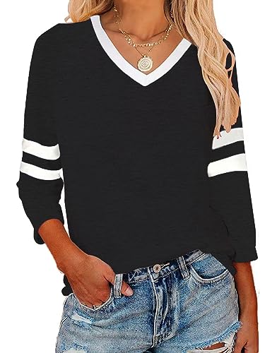3/4 Arm Shirt Damen Langarmshirt Bluse Damen Tshirt V Ausschnitt Gestreiftes Oberteile Herbst Frühling Basic Shirt von YINGWIN