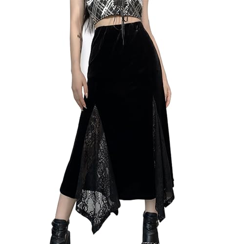 Damen Punk Samt Rock Y2K Unregelmäßiger Samt Spitze Langer Rock Goth Hohe Taille Langer Rock Abend Party, Schwarz , XXL von YINGWIN