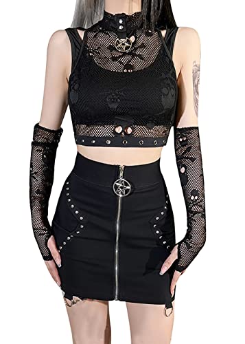 Damen Y2k Gothic Cami Crop Top Ärmellos Hollow Out Sexy Tank Tops Camisole Clubwear Outfit Cyberpunk Rückenfrei Weste, 2 x Schwarz + Ärmelüberzug, S Damen Y2k Gothic Cami Crop Top Ärmellos Hollow Out Sexy Tank Tops Camisole Clubwear Outfit Cyberpunk Rückenfrei Weste, 2 x Schwarz + Ärmelüberzug, S von YINGWIN
