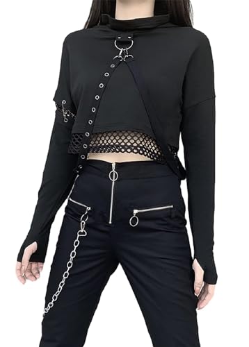 Goth Hoodie mit Stoffstreifen Crop Tops Damen Langarmshirt Gothic Kleidung Damen Cropped Shirt Cyberpunk Shirt von YINGWIN