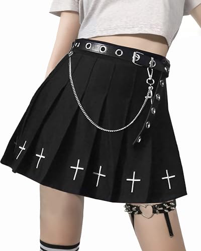 Minirock Damen Kreuz Faltenrock Gothic Kleidung Damen Mini Rock Sommer Steampunk Skirt Party Plisseerock Club Rock mit Gürtel Kette A Linie Goth Clothes von YINGWIN