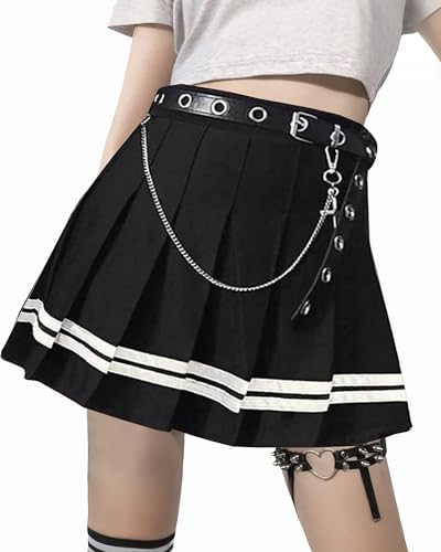 Minirock Damen Schlieren Faltenrock Gothic Kleidung Damen Mini Rock Sommer Steampunk Skirt Party Plisseerock Club Rock mit Gürtel Kette A Linie Goth Clothes von YINGWIN