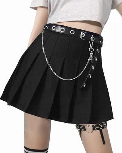 Minirock Damen Schwarz Faltenrock Gothic Kleidung Damen Mini Rock Sommer Steampunk Skirt Party Plisseerock Club Rock mit Gürtel Kette A Linie Goth Clothes von YINGWIN