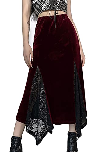 Punk Maxirock Damen Lang Samt Rock High Waist Taschentuchsaum Röcke Gothic Kleidung Damen Y2K Goth Hohe Taille Rock Abend Party von YINGWIN