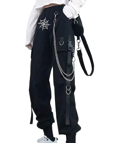 YINGWIN Cargohose Damen mit Hosenkette Halloween Spinnennetz Hose Gothic Kleidung Damen Goth Punk Y2k Techwear Hose Jogginghose von YINGWIN
