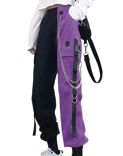 YINGWIN Cargohose Damen mit Hosenkette Schwarz und Lila Patchwork Gothic Kleidung Damen Goth Punk Y2k Techwear Hose Festival Hose Jogginghose von YINGWIN