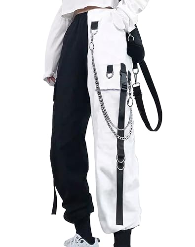 YINGWIN Cargohose Damen mit Hosenkette Schwarz und Weiß Patchwork Gothic Kleidung Damen Goth Punk Y2k Techwear Hose Festival Hose Jogginghose von YINGWIN