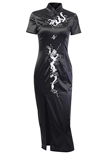 YINGWIN Damen Cheongsam Bodycon Kleid Asiatischer Stil Stehkragen Kleid Drachen Print Langes Kleid Gothic Stil Schöne Slim Schlitz Chinesische Kleider, 1 x Schwarz + Langes Muster, 3XL von YINGWIN